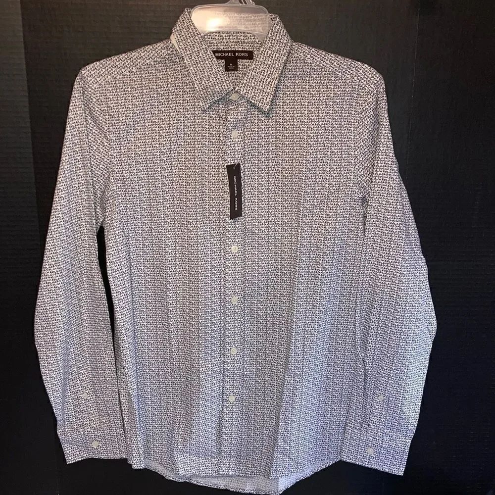Michael Kors Graphic Logo Mens Long Sleeve Button Down Dress Shirt Size M